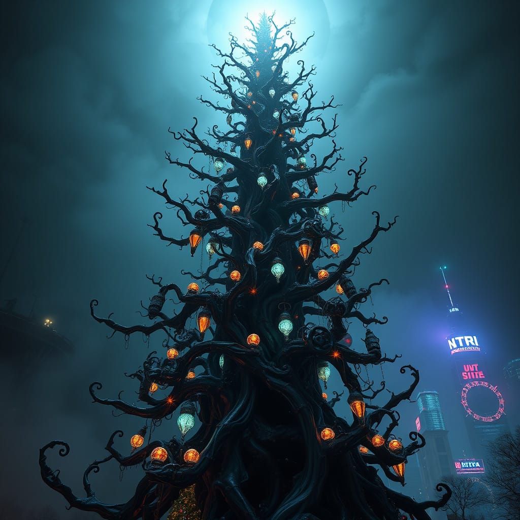 Christmas Tree in Dark Cyberpunk Style