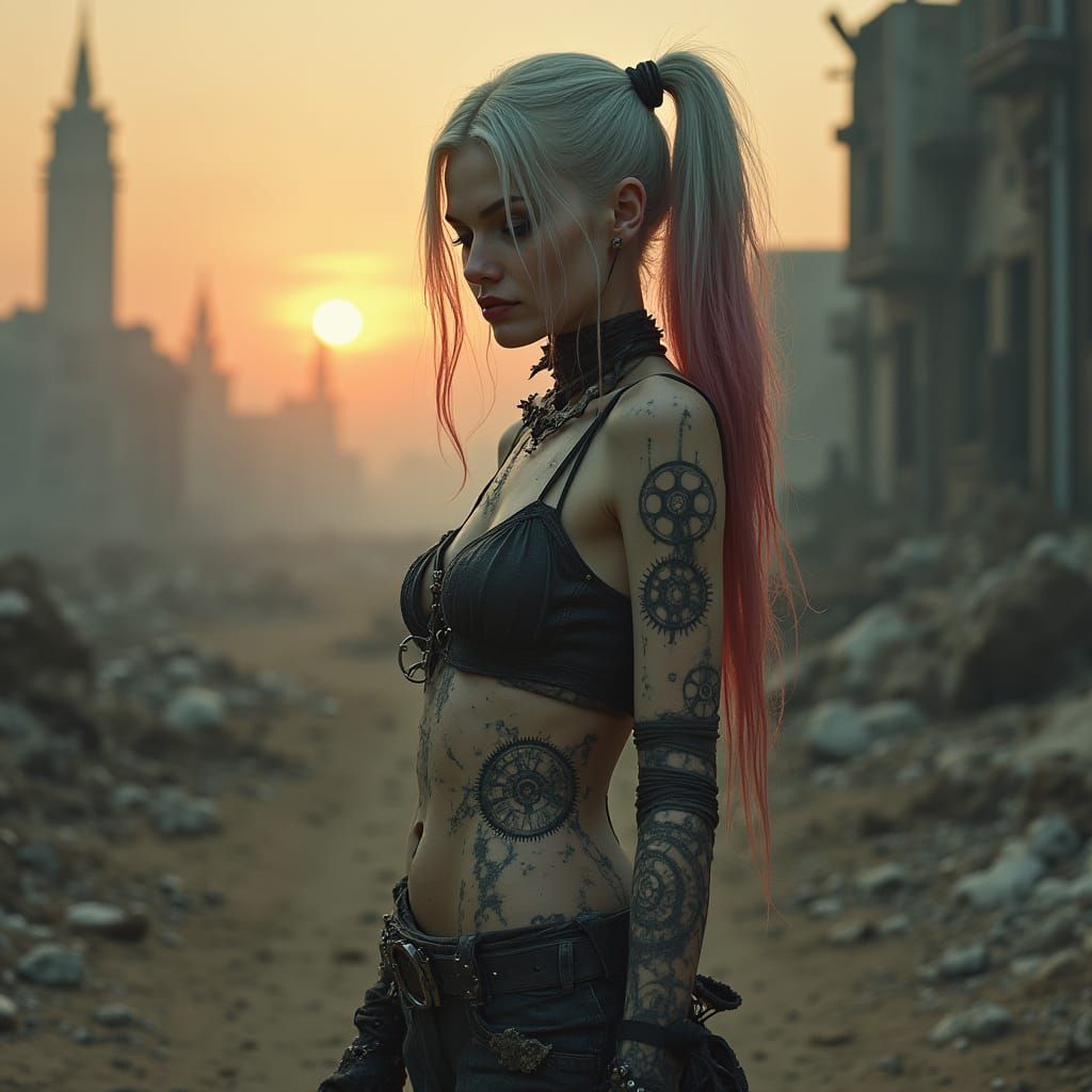 Gothic Clockwork Harley Quinn in Post-Apocalyptic City