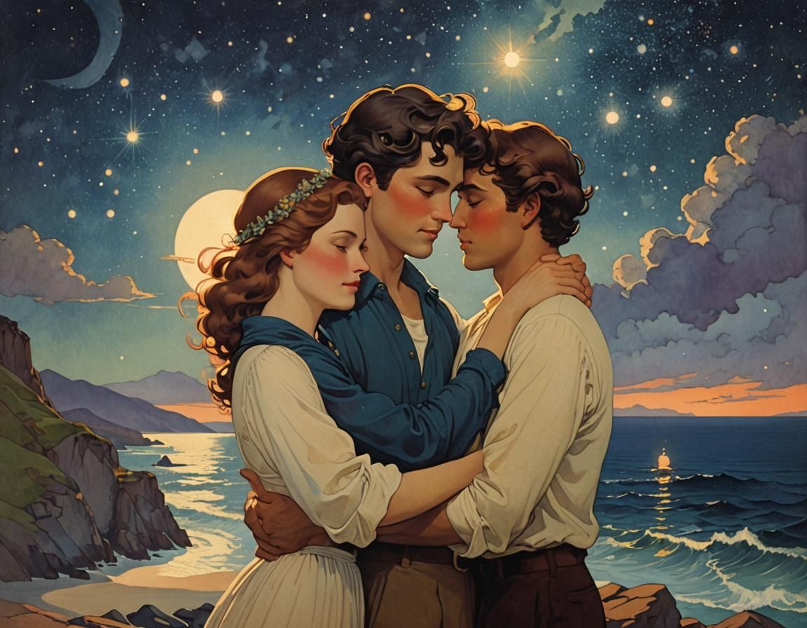 Romantic Couple Embracing by Starlight Sea