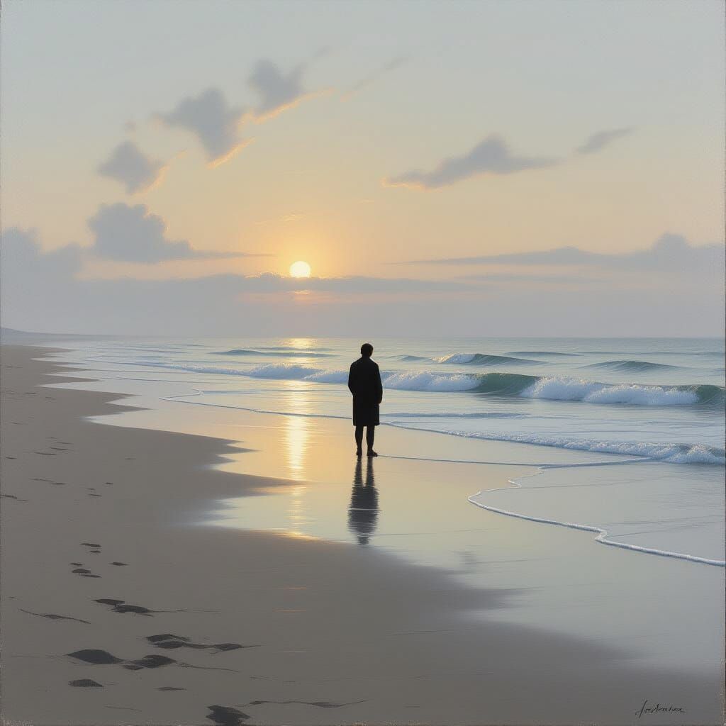 Solitary Figure Contemplates Sea at Dusk