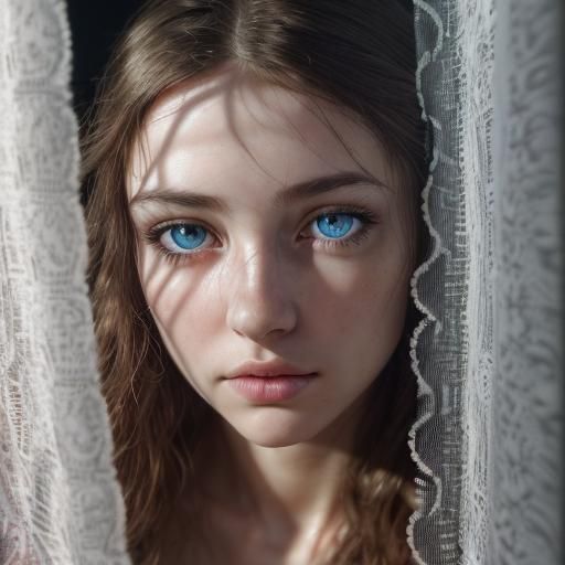 Macro Photo of Woman's Face Behind Curtains