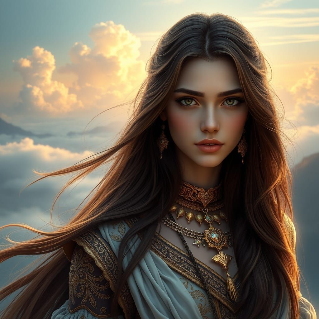 Ethereal Goddess in Golden Regalia Amidst Soft Clouds and Mi...