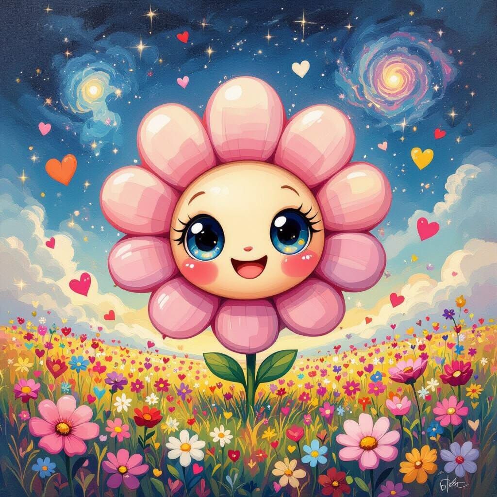 Joyful Chibi Flower in a Nebula Field