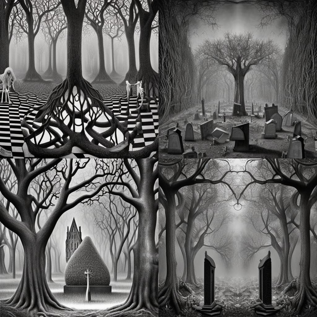 gothic graveyard trees, M.C. Escher
