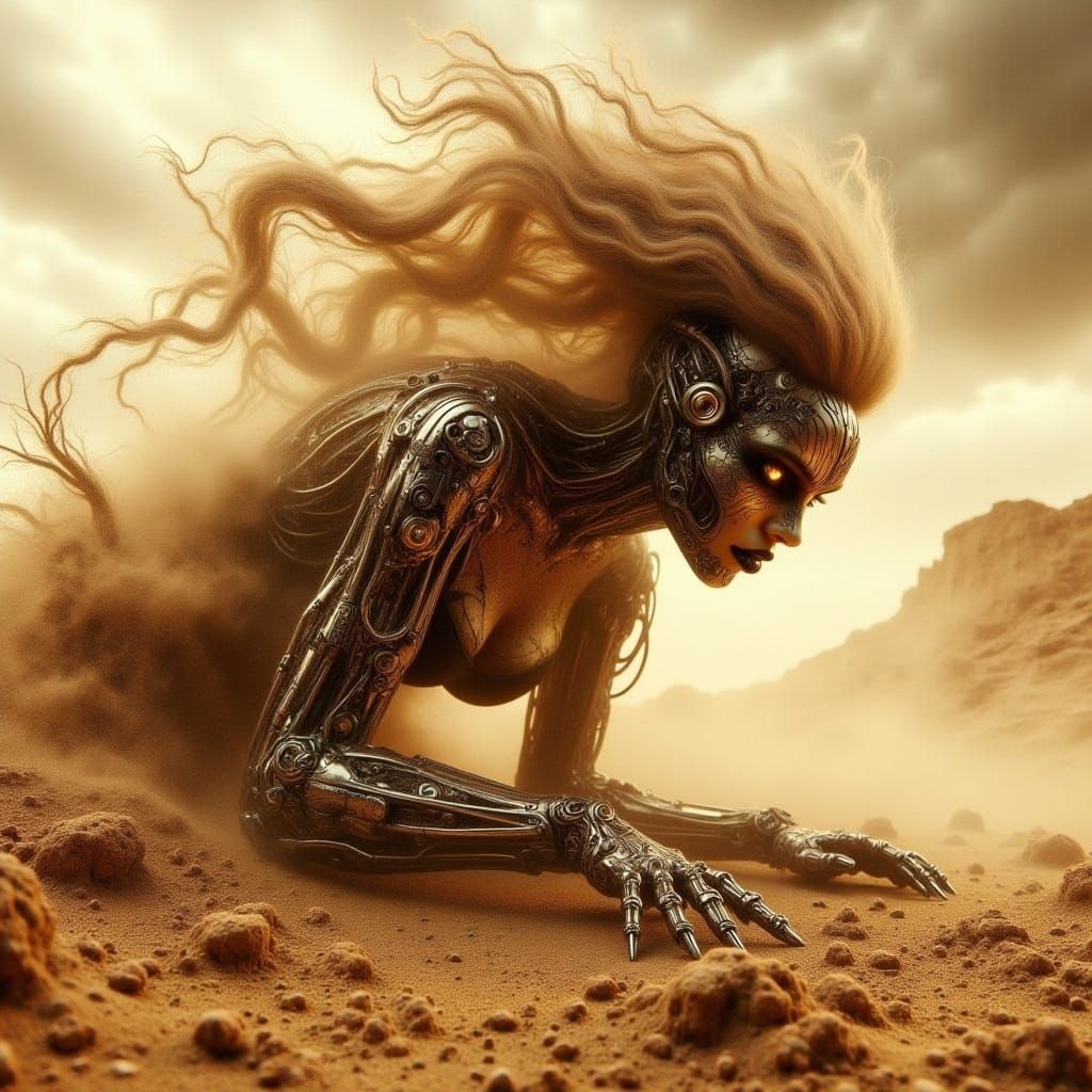 Sand Elemental Dissolving in Hyperrealistic Fantasy Scene