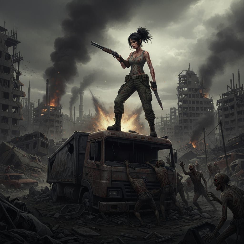 Woman Fights Zombies on Wrecked Truck in Post-Apocalyptic Ar...
