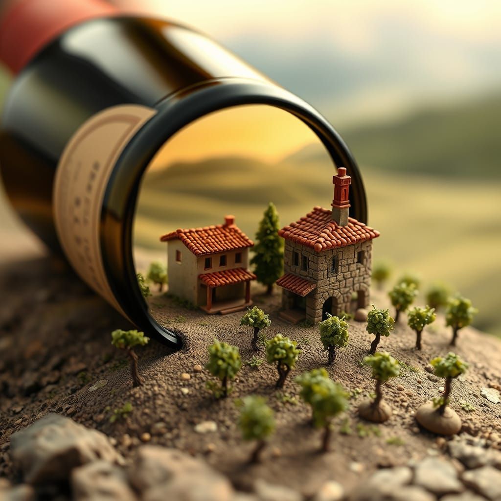 Miniature Vineyard Overflows from Antique Wine Bottle Label