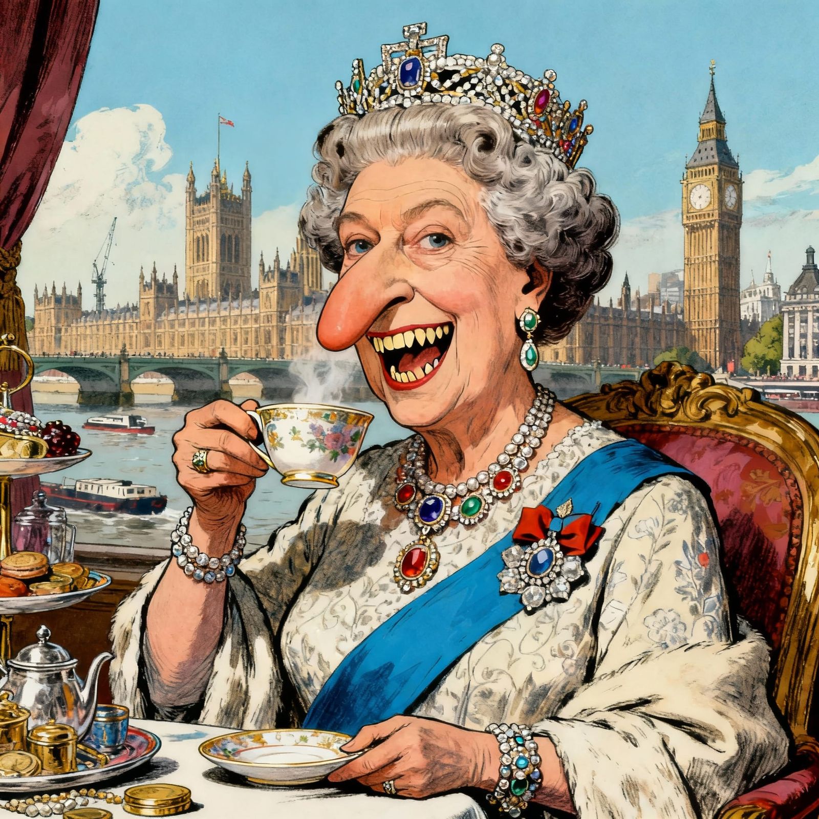 Funny Caricature of Queen Elizabeth in Daumier Style