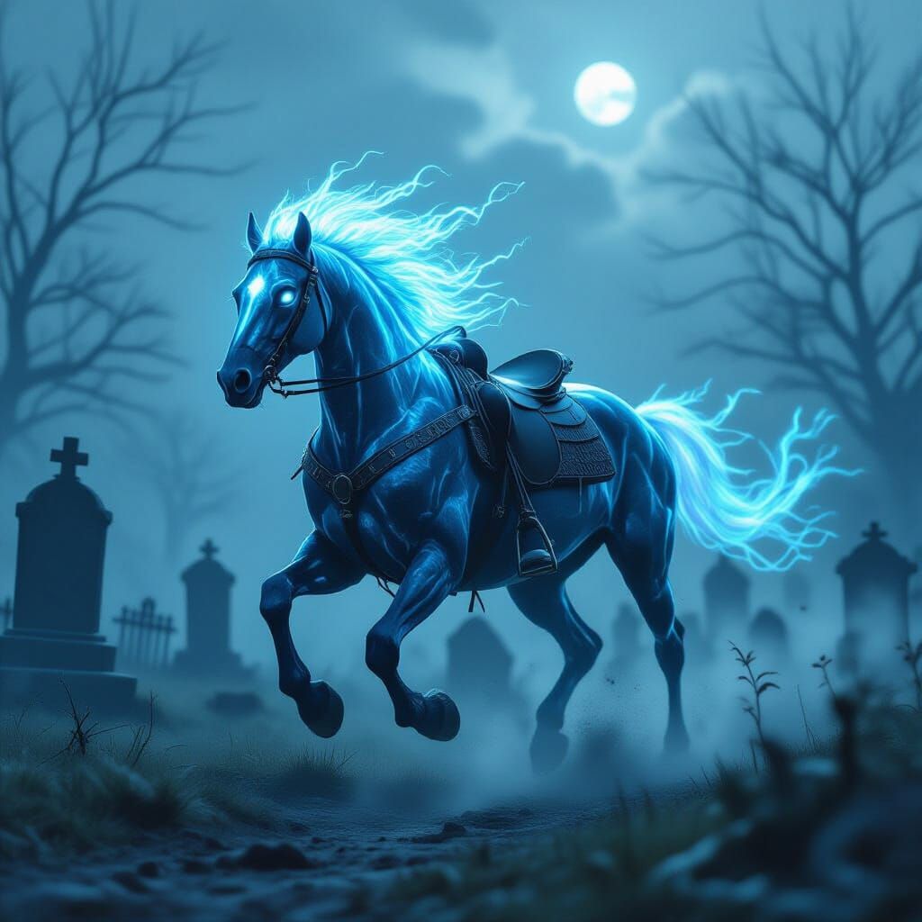 Ethereal Undead Horse Galloping Through Graveyard Mist