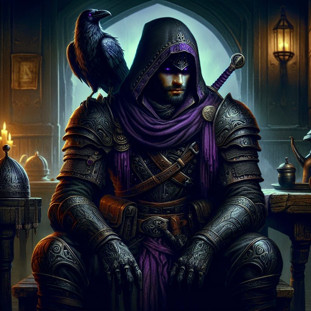 Dark Fantasy Warrior in Tavern with Crow