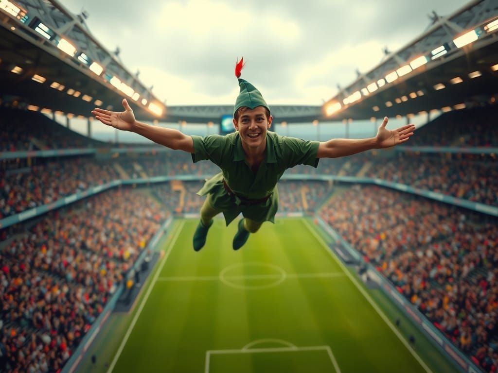 Peter Pan Soars Above the Football Stadium in Hyperrealistic...