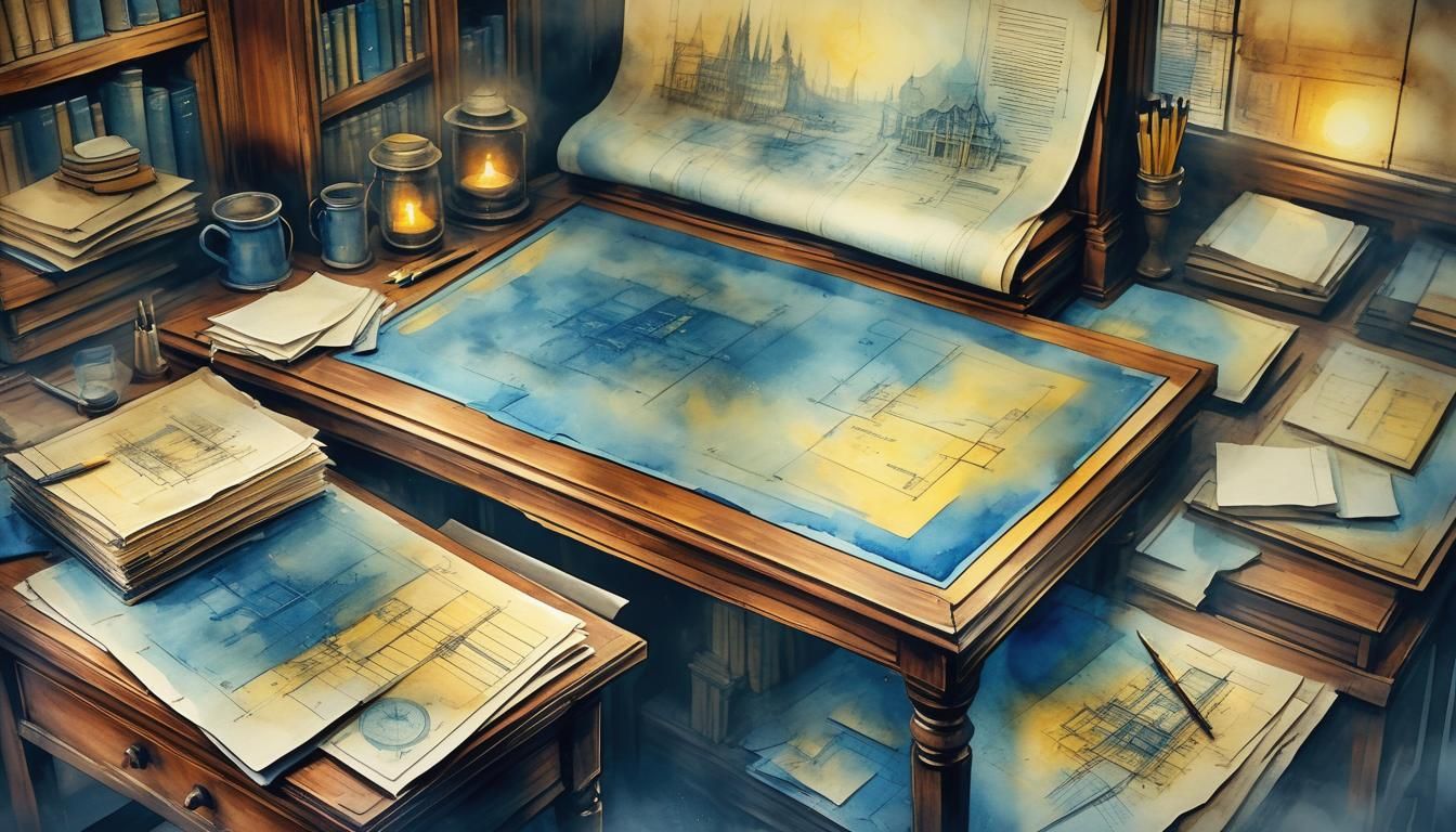 Mysterious Blueprints in a Dusty Library: Watercolour Art