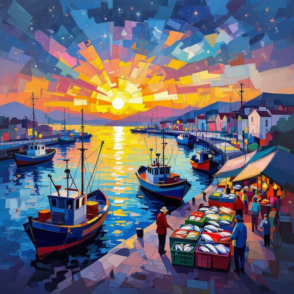 Cubist Sunrise Over Bustling Harbor