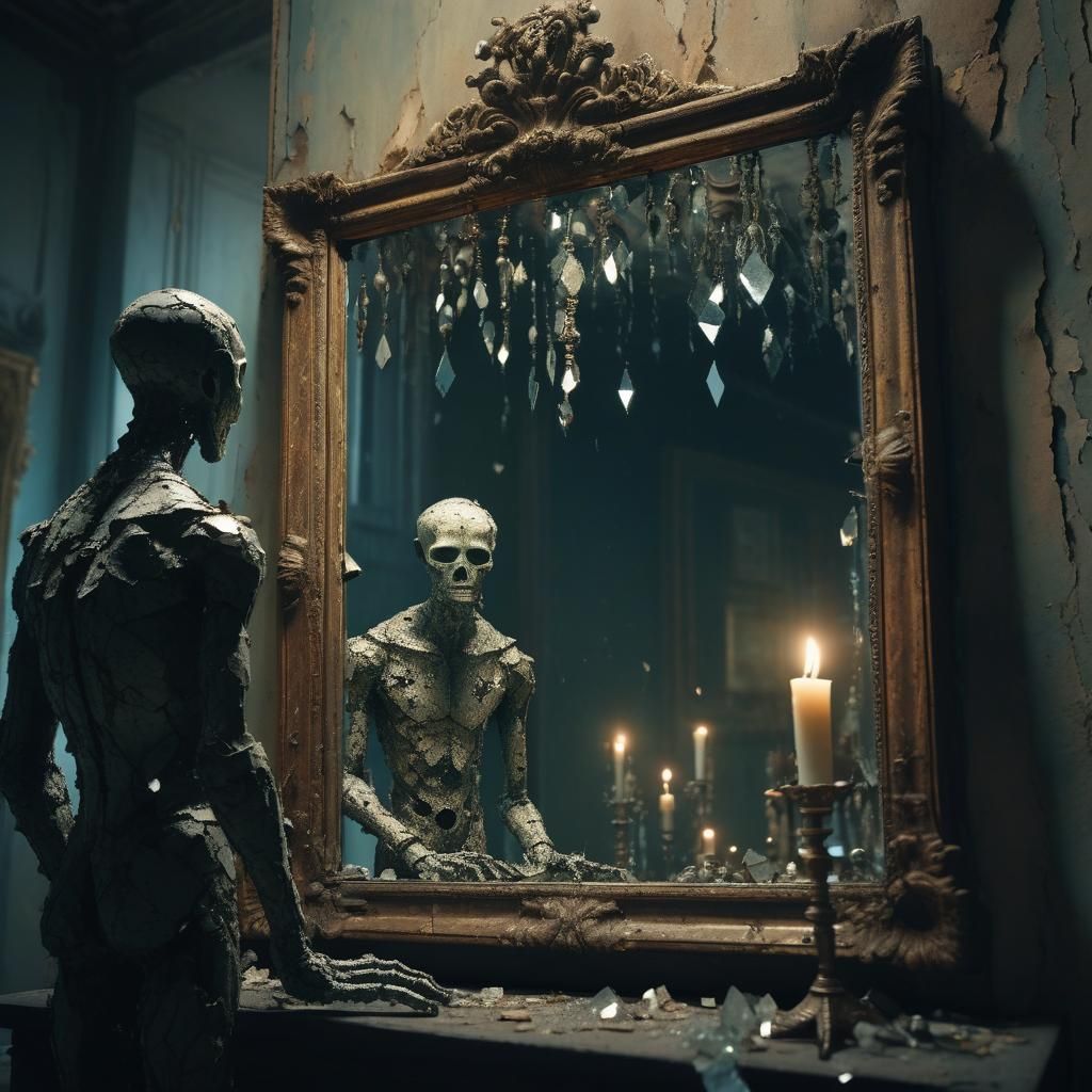 Surreal Animalistic Humanoid Gazing into Distorted Reflectio...