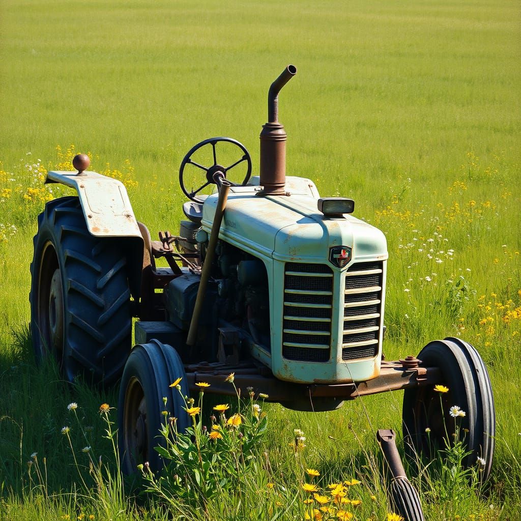 Vintage Tractor Amidst Wildflowers in Warm, Sun-Kissed Style