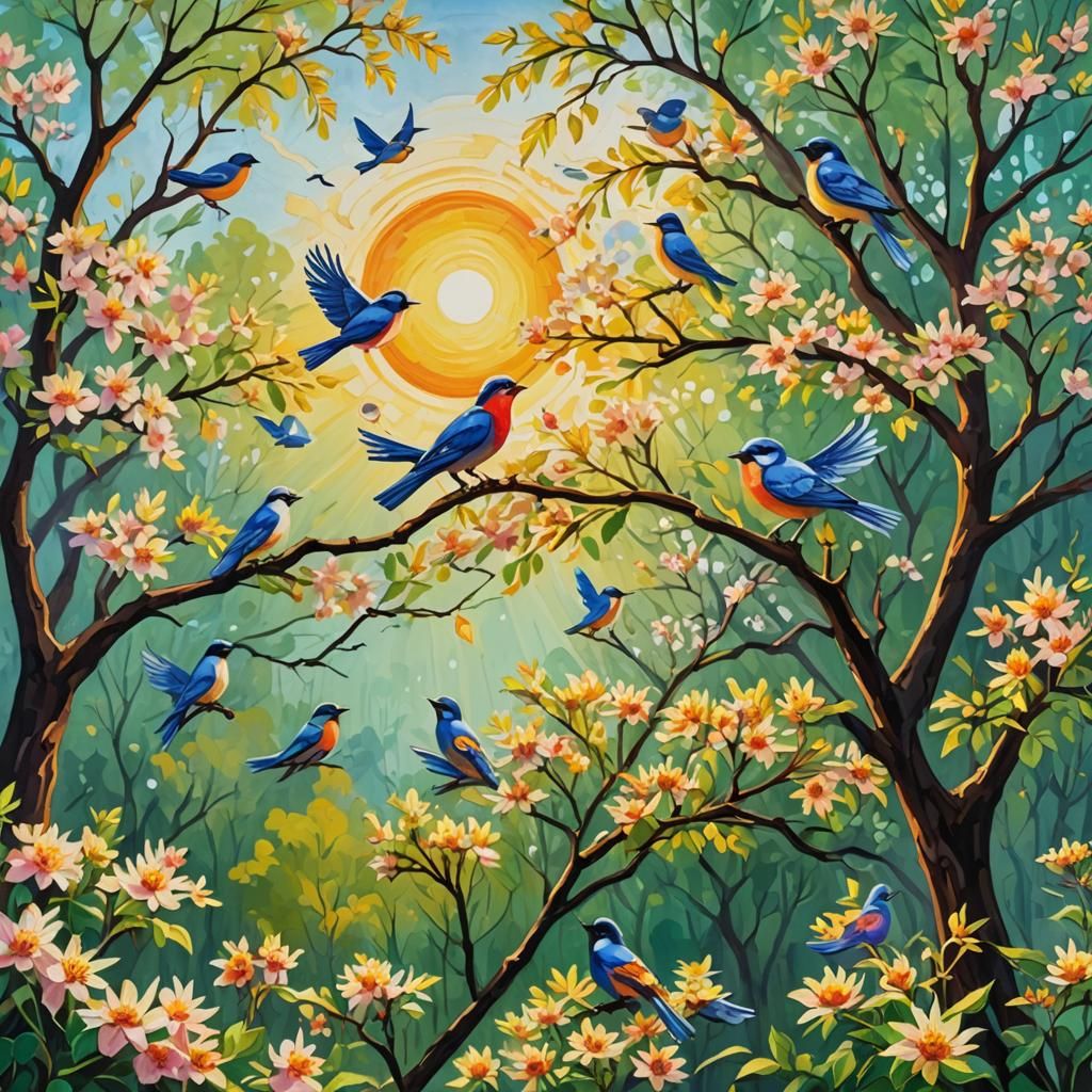 Gouache Sunrise Scene with Flowering Trees