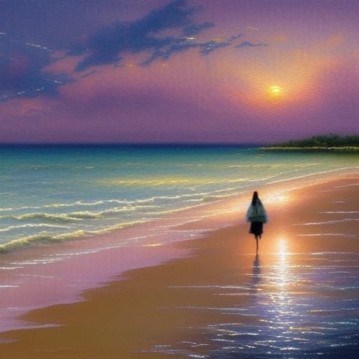 Romantic Beach Walk Watercolor Painting