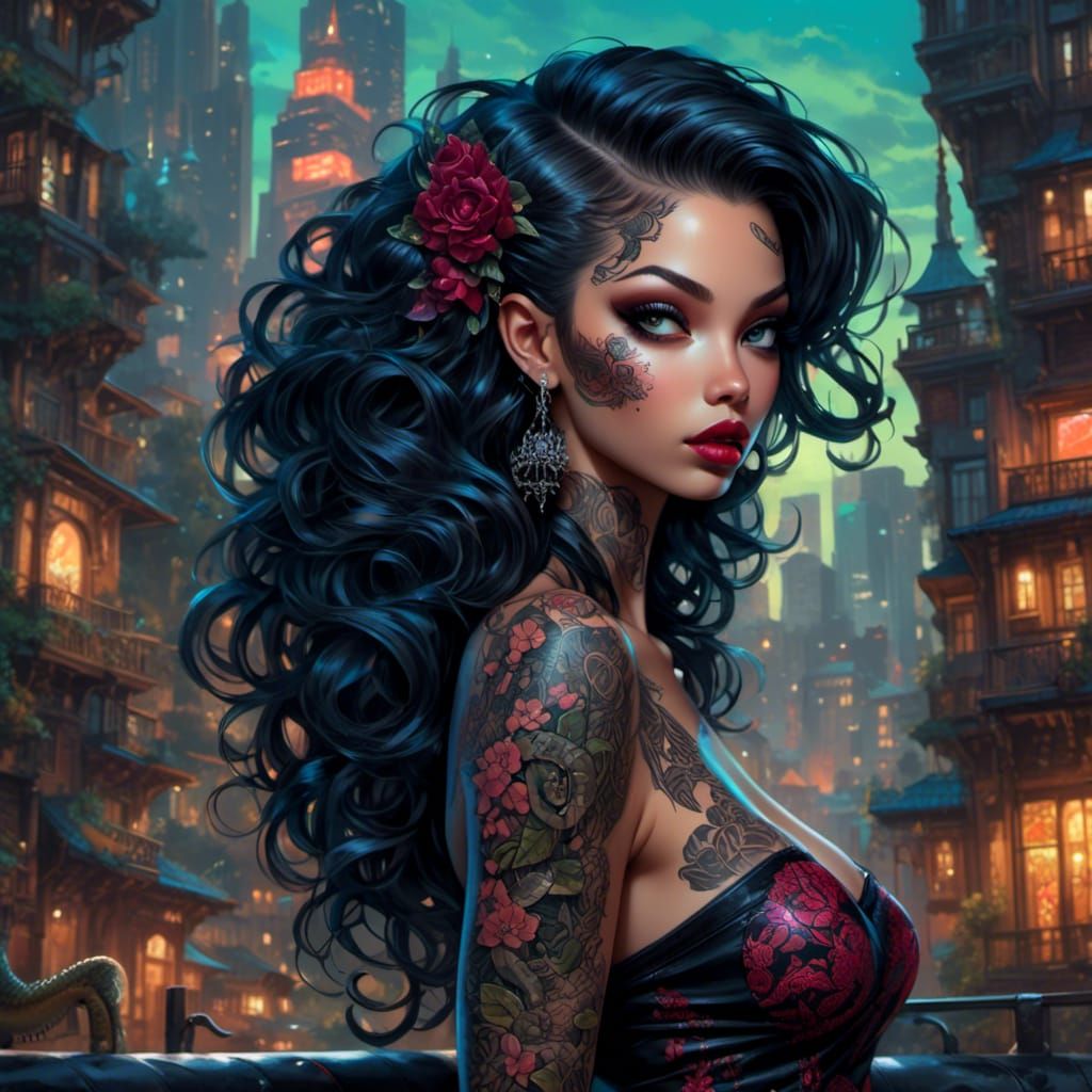 Luminescent Tattoo Woman in Neon Cityscape