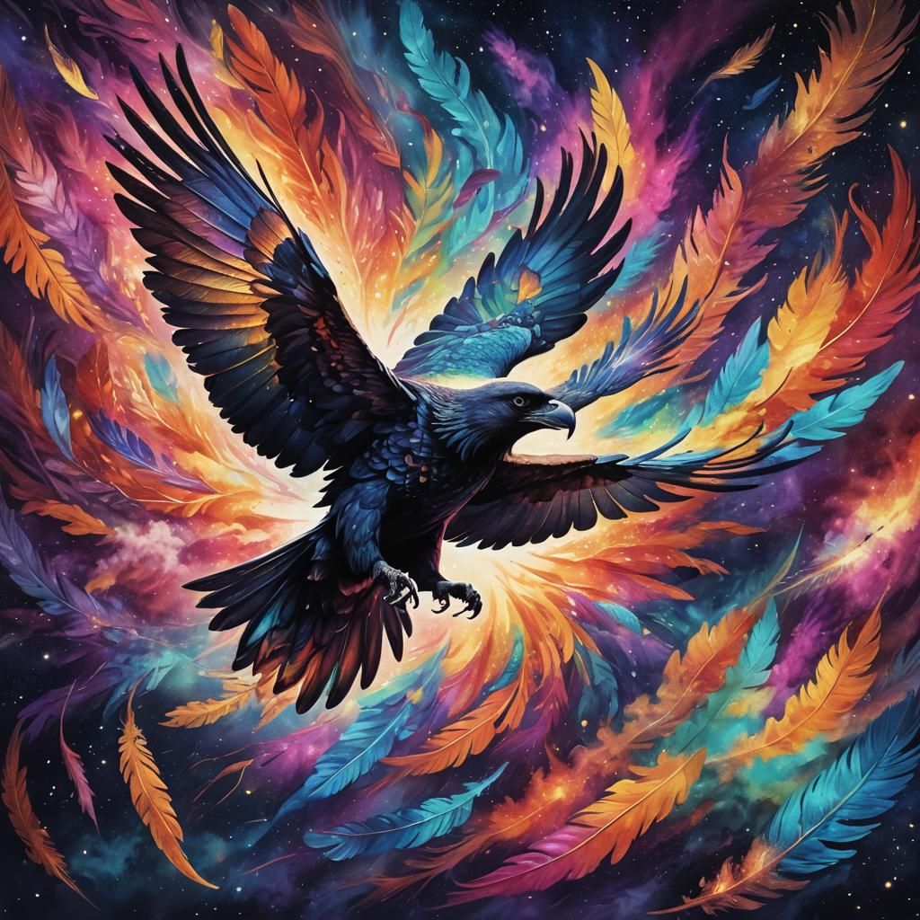 Cosmic Crow's Escape: A Vibrant Astral Illustration