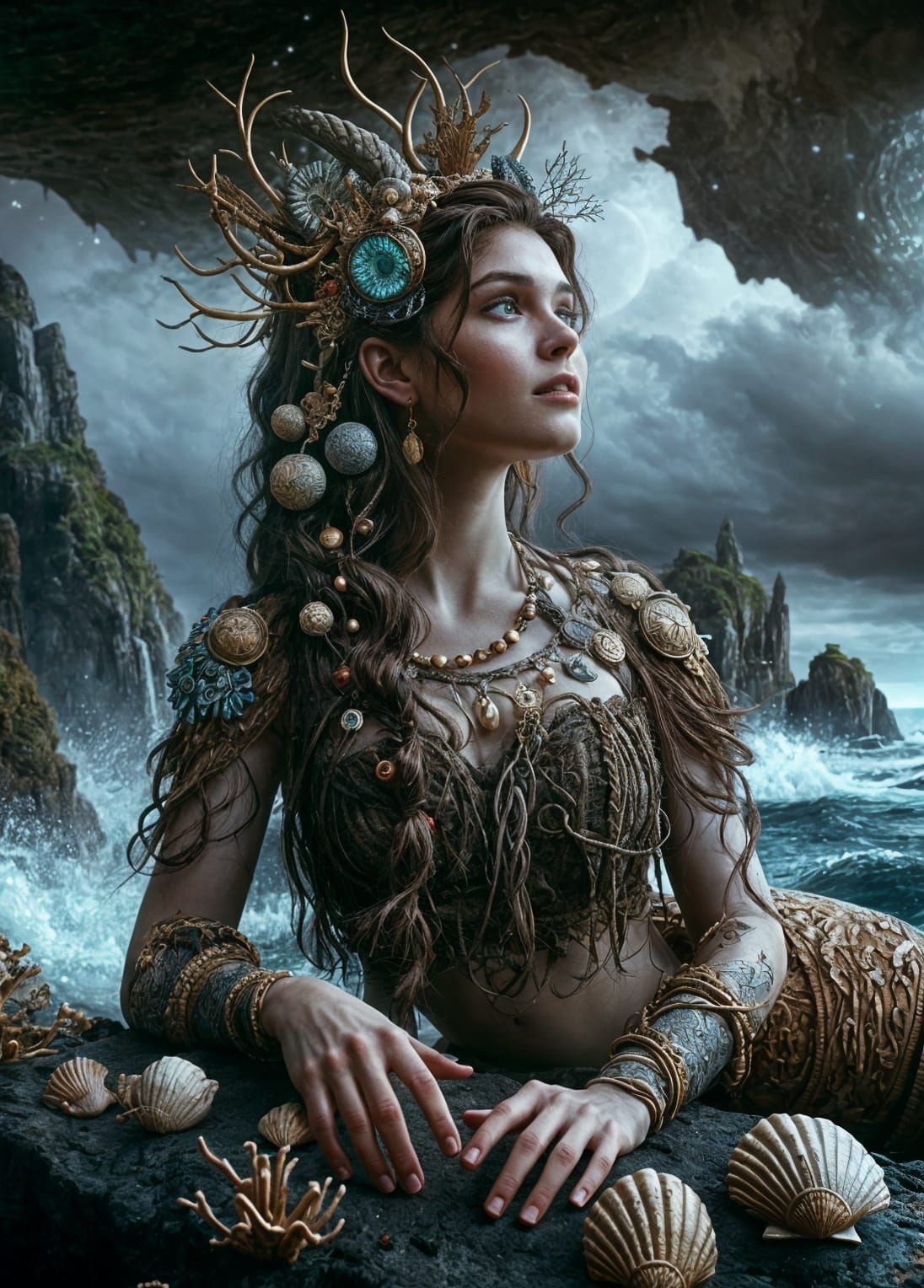 Viking Mermaid Lounges on Rocky Coast