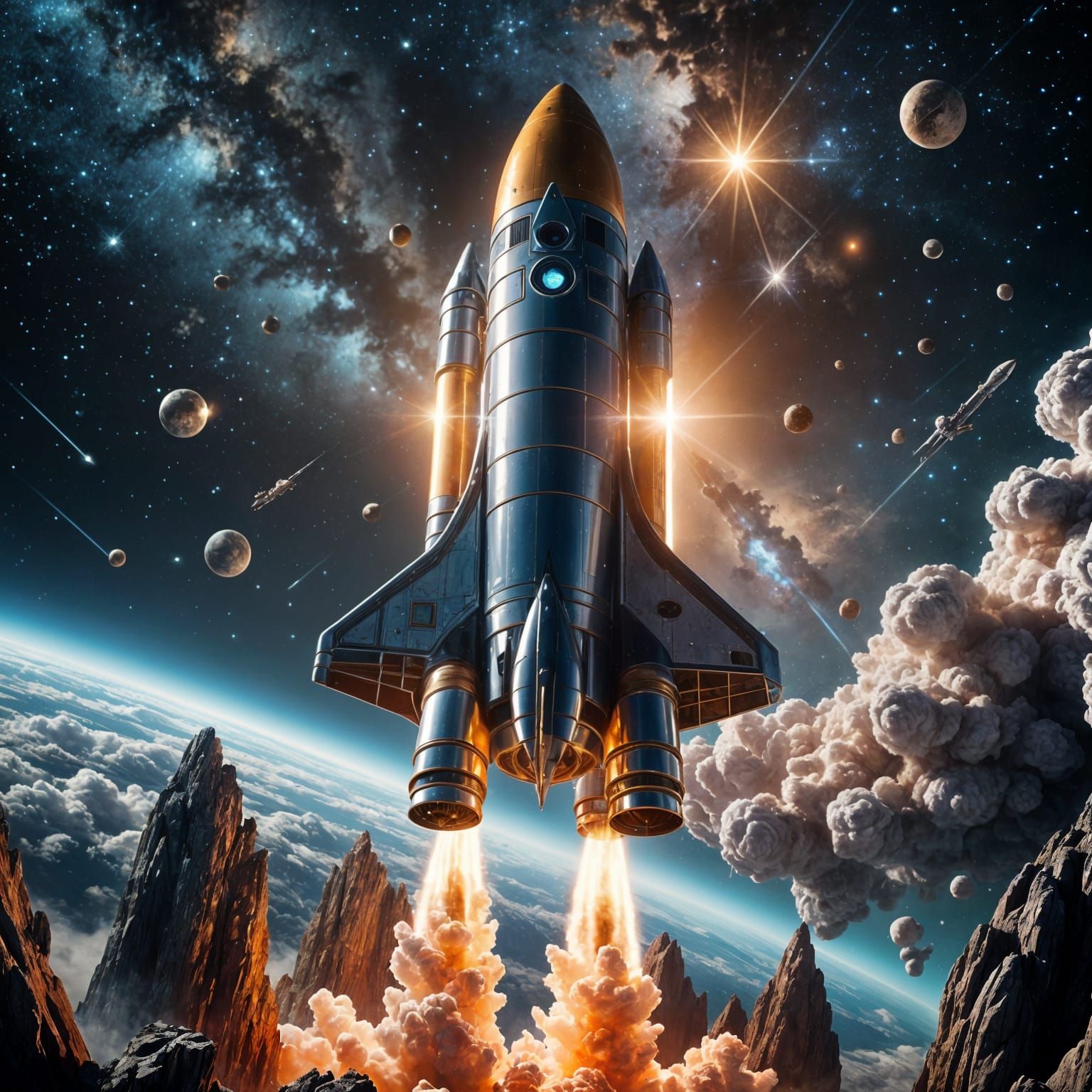 Crystal Rocket Soaring Through Cosmos in Hyperrealism