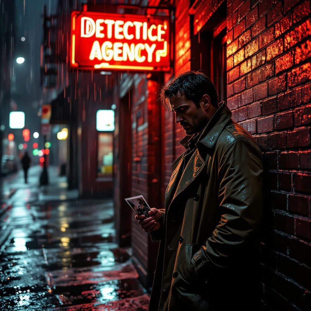 Noir Detective in Rain-Slicked Alleyway