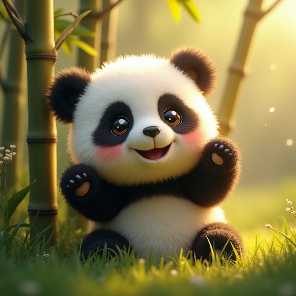 Happy Plush Panda Toy in Lush Bamboo Garden