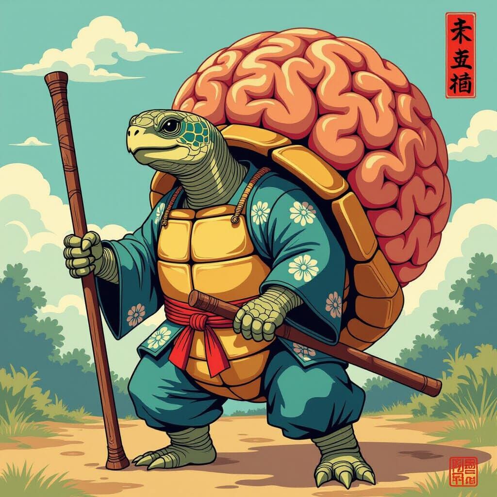 Tortoise Sensei with Brain Shell in Ukiyo-e Style