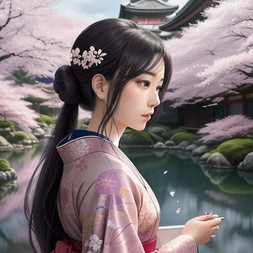 Elegant Anime Princess in Serene Japanese Garden