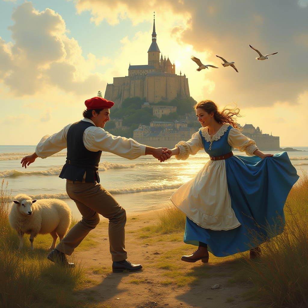 Couple in Traditional Attire Dance Before Mont Saint Michel