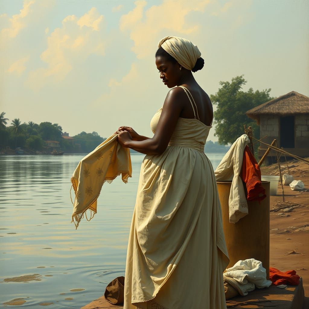 Nigerian Woman Washing Clothes, Hyperrealistic Style