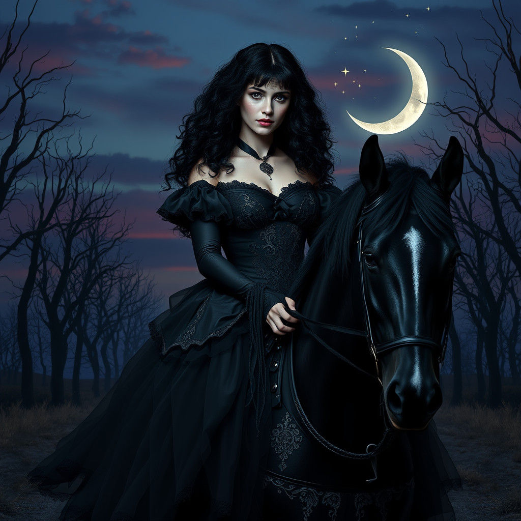 Dark Witch Rides Under Crescent Moon in Digital Painting