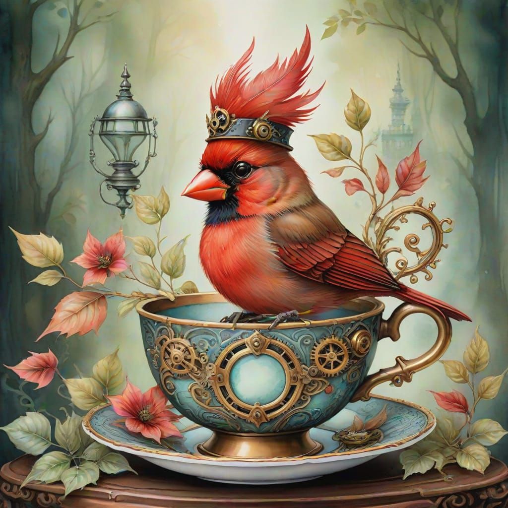 Steampunk Cardinal in Teacup Watercolor Painting