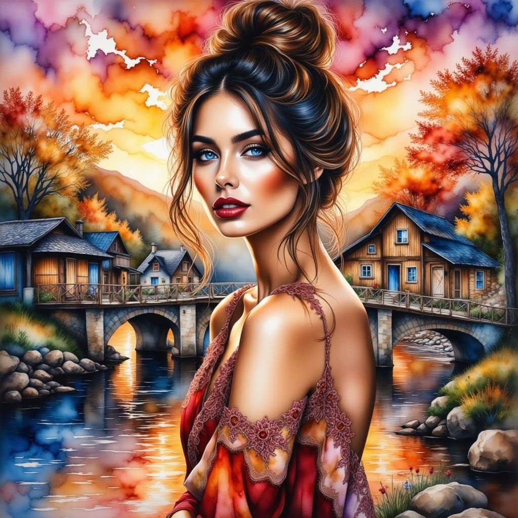 Woman on Bridge at Sunset in Impressionist Oil Painting Styl...