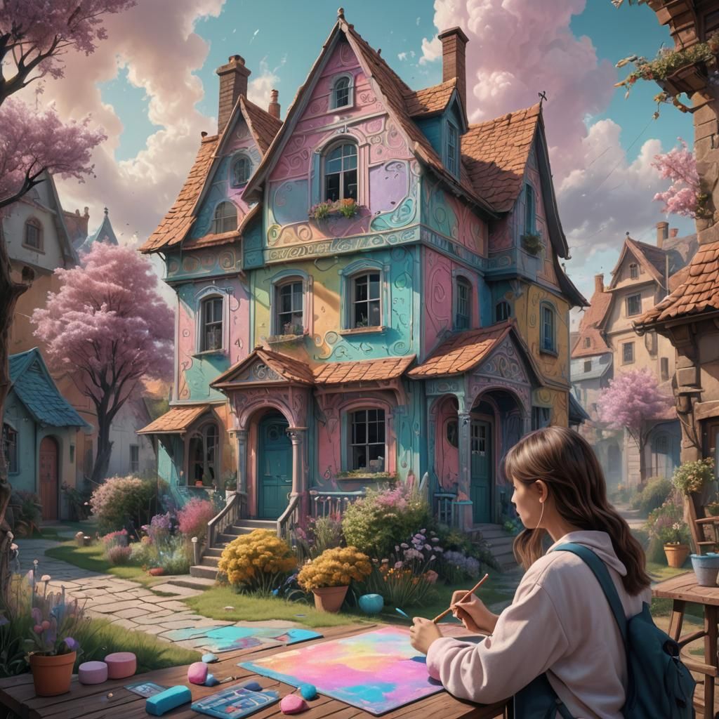 Chalk Art of a House with Pastel Colors