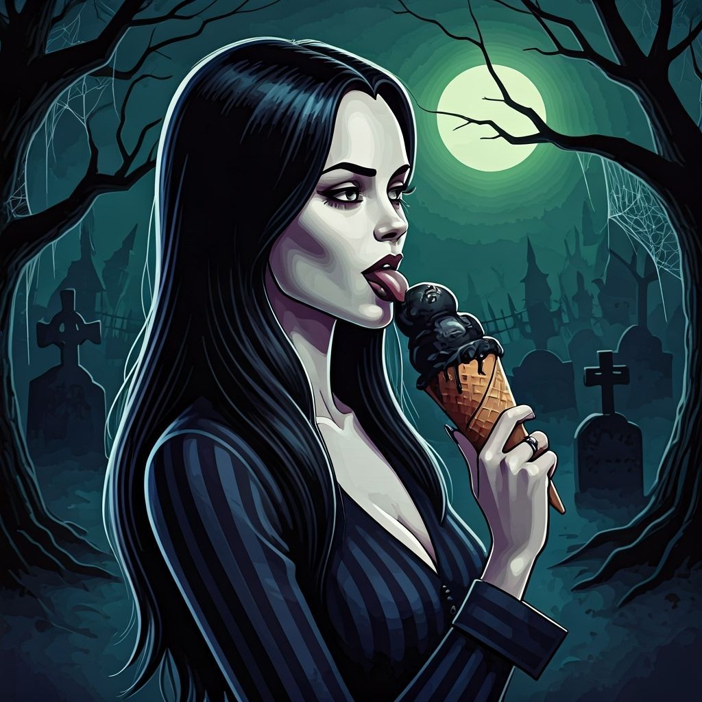 Gothic Horror Comic Style Image of Ms. Addams Eating Ice Cre...