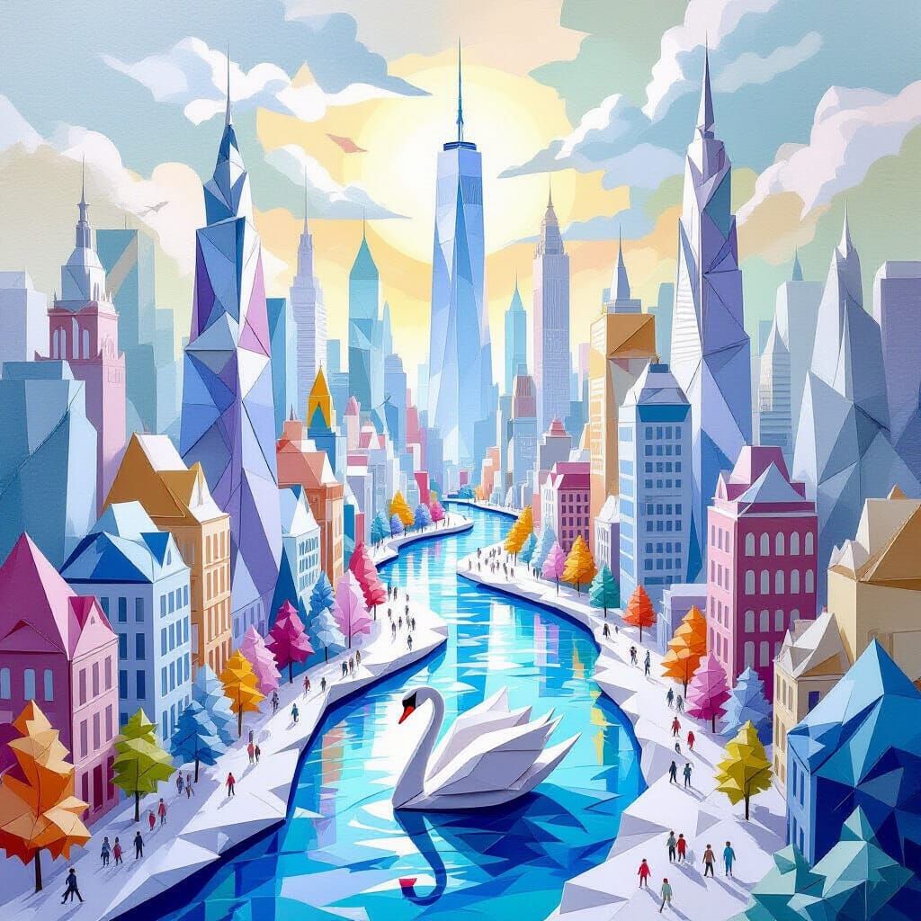 Origami Cityscape with Paper Swan in Ethereal Light