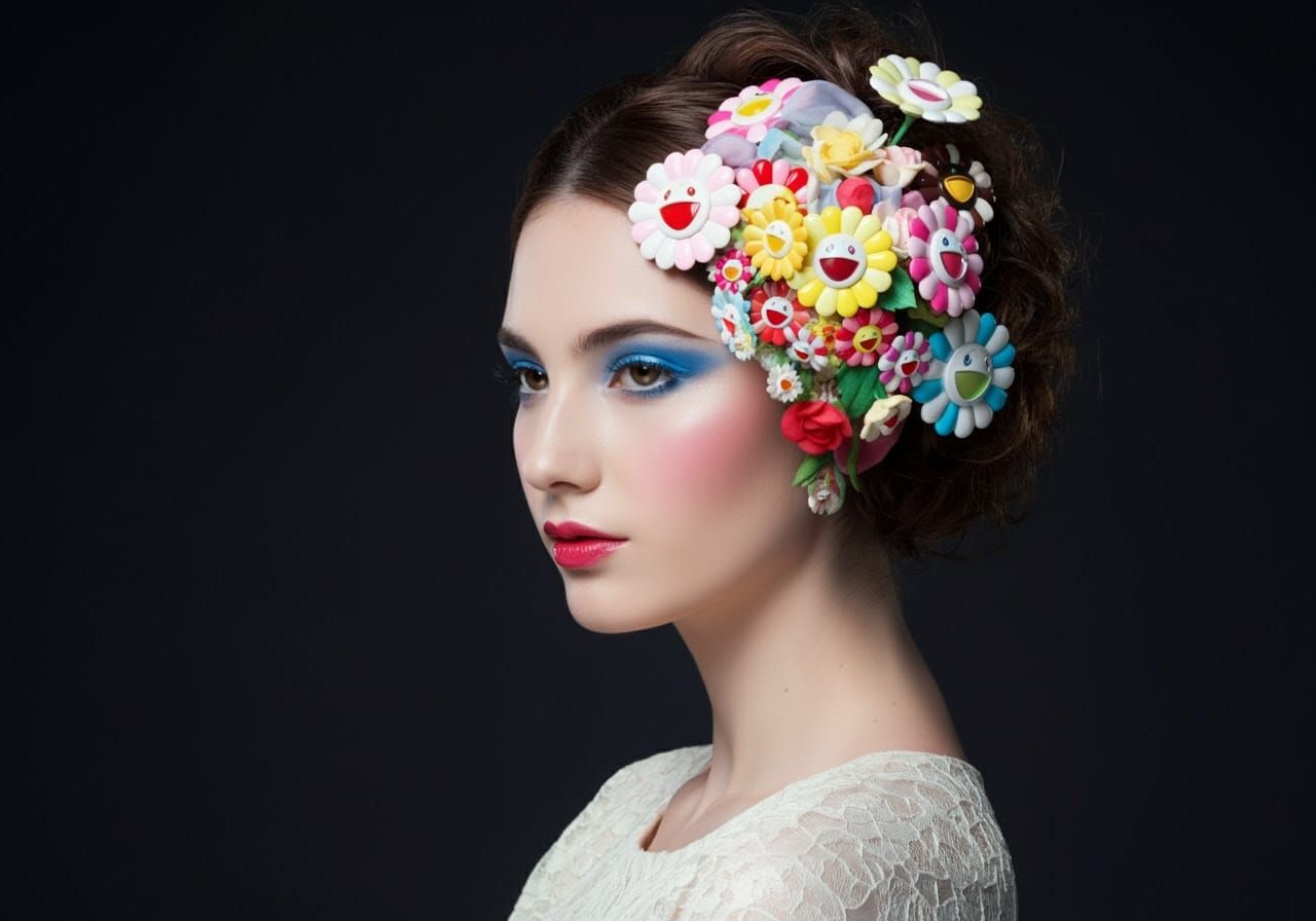 Woman with Floral Accessories in Pop Surrealist Style