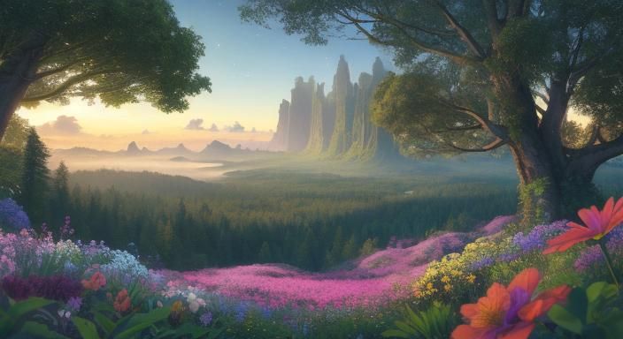 Panoramic Paradise: Galactic Landscape with Distant Forest