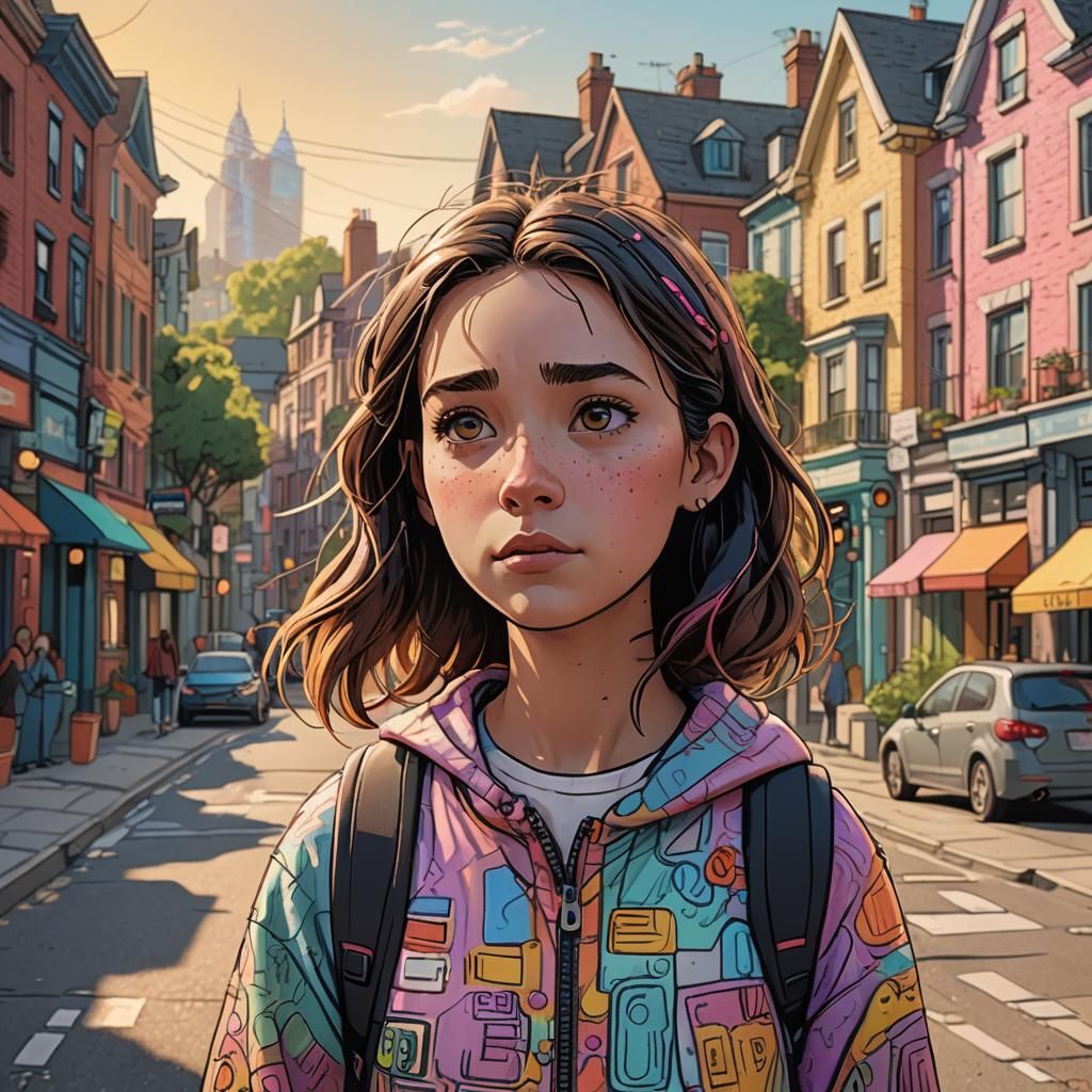Doodle Girl in City Street: Stylized Realism