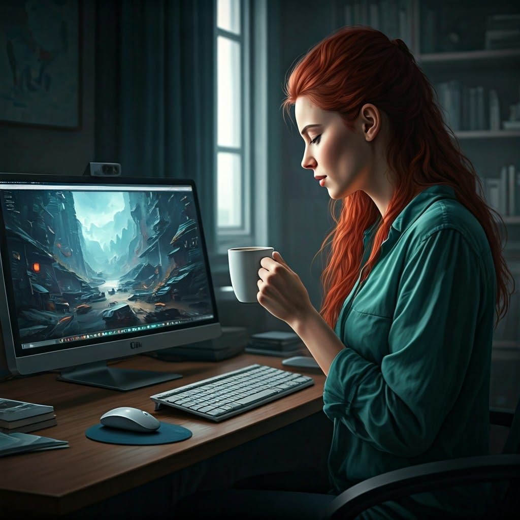 Woman Enjoys Coffee in Futuristic Study