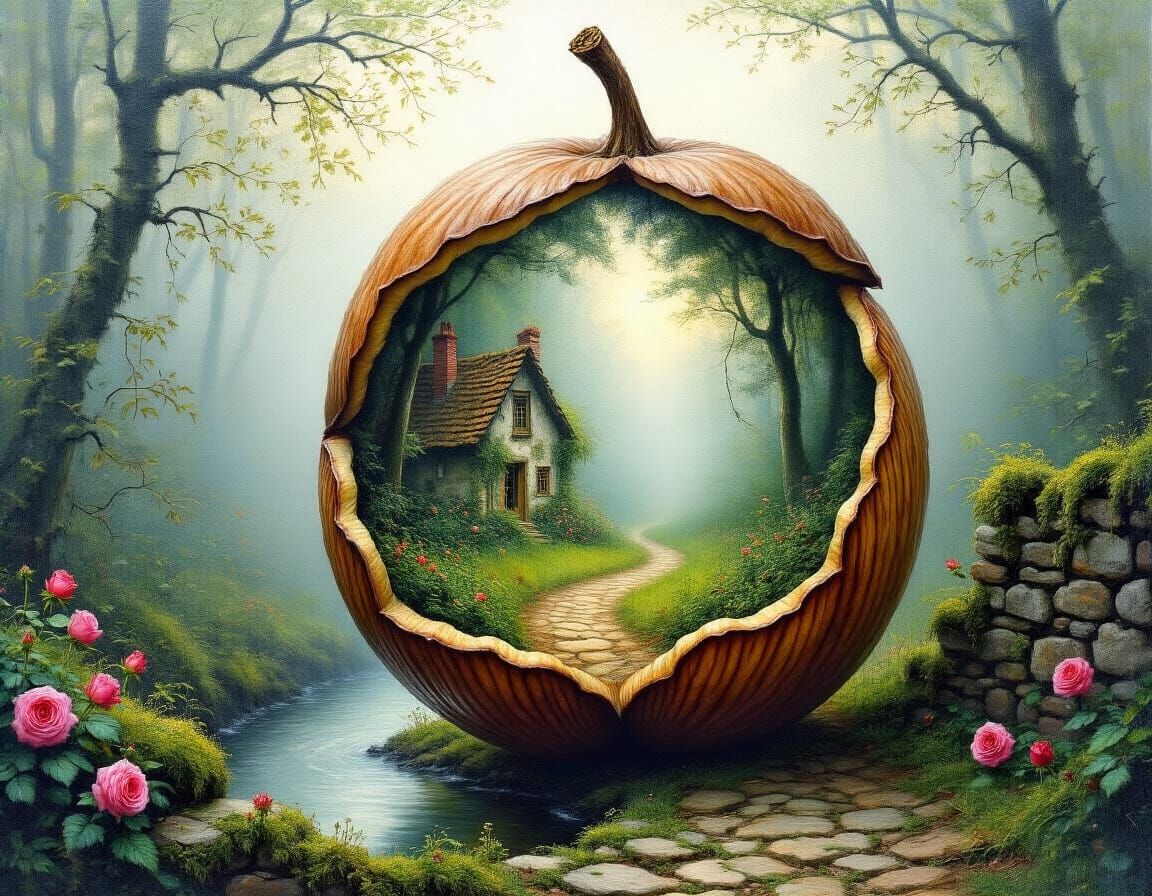 Magical Forest Inside Acorn: Impressionistic Oil Painting