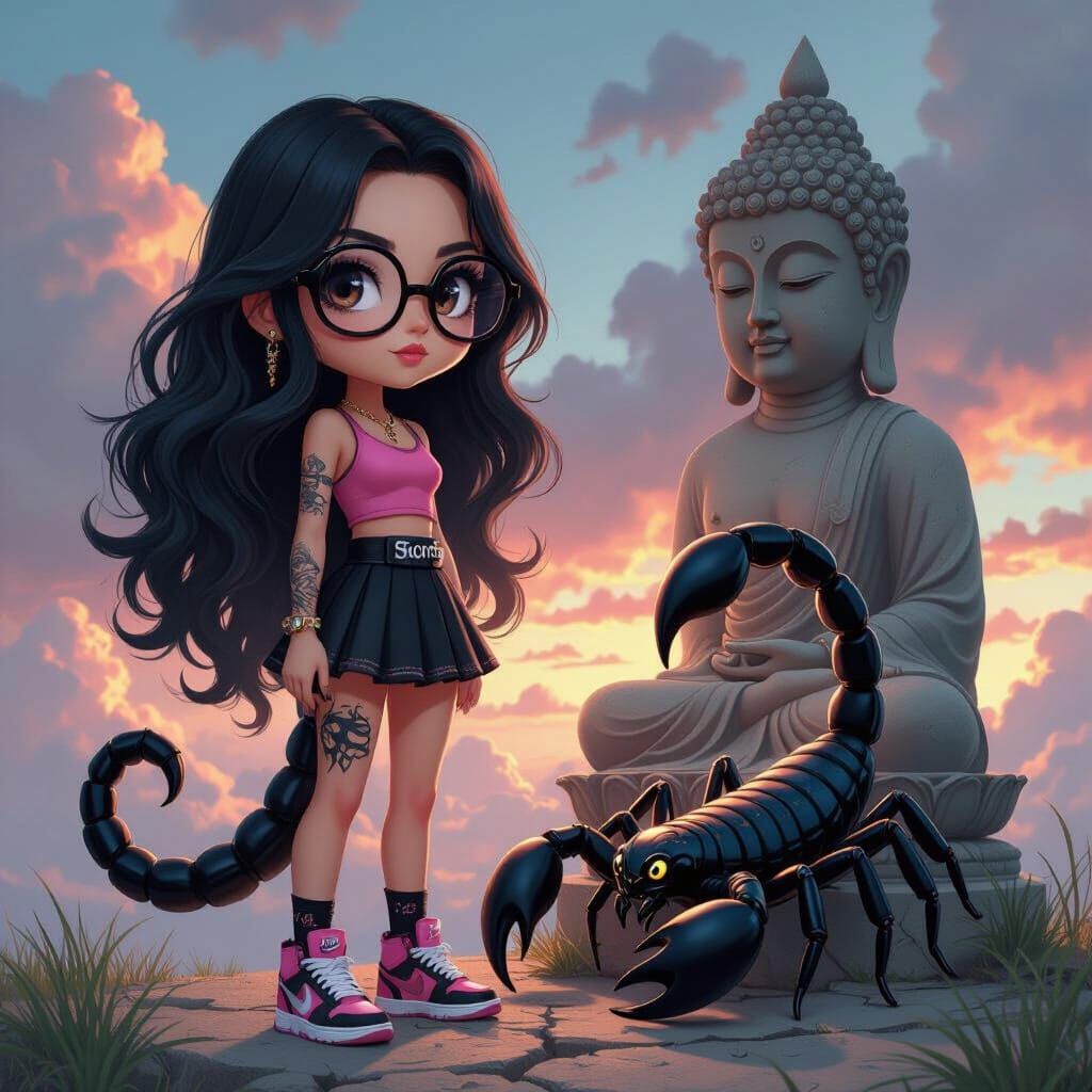 Chibi Woman with Scorpion in Digital Matte Painting Style