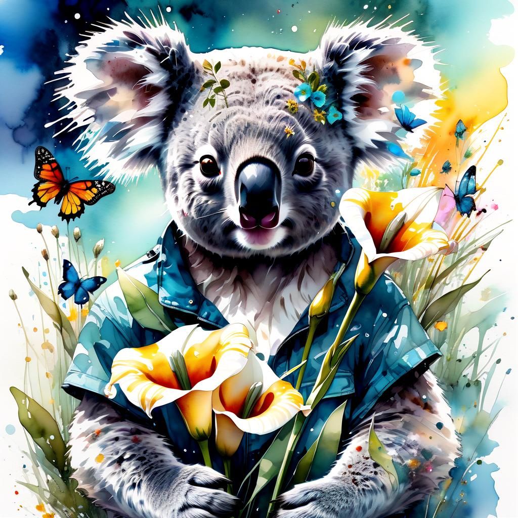 Koala with Calla Bouquet: Digital Watercolor Illustration