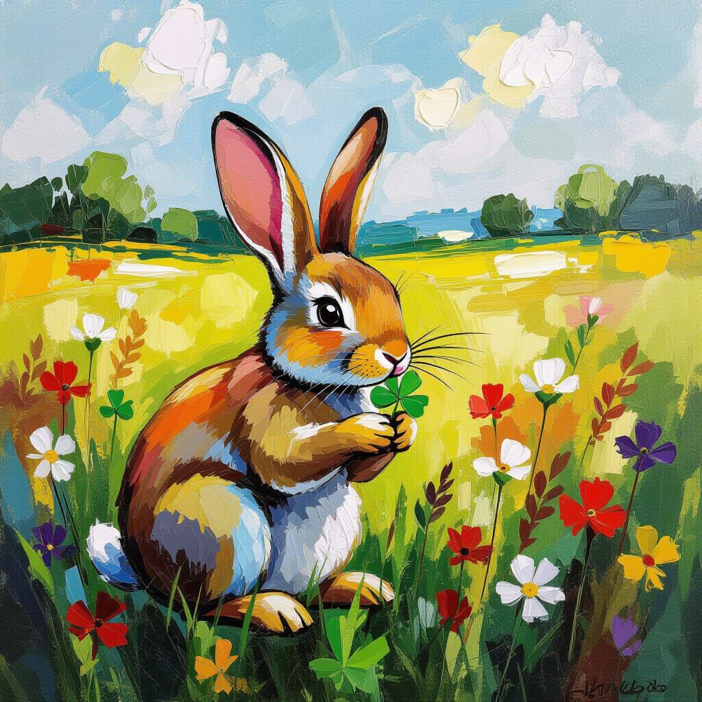Rabbit Eating Clover in Neo-Impressionist Style
