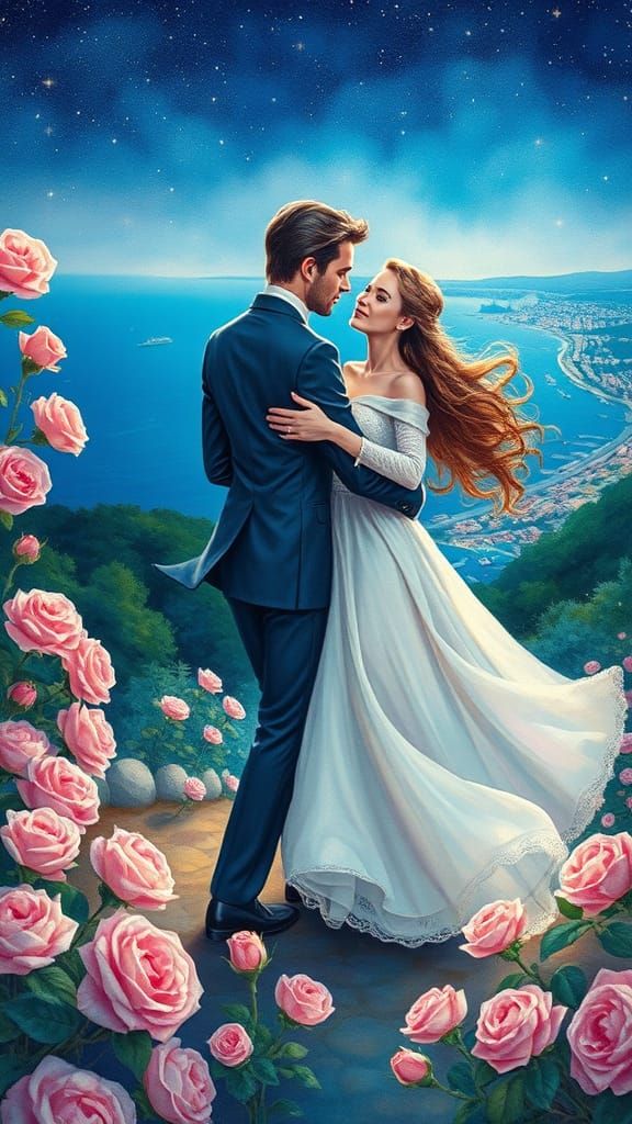 Ethereal Couple in Whimsical Garden under Starry Night Sky