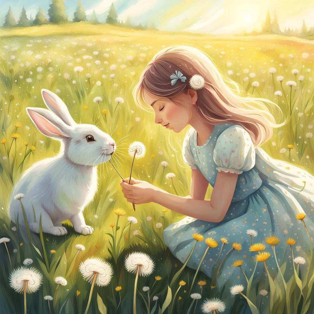 Girl Gives Dandelion to Rabbit: Vintage Illustration