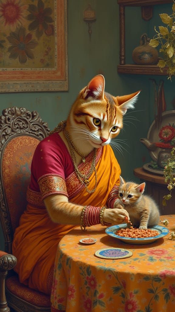 Cat in Saree Feeds Kitten: Raja Ravi Varma Style