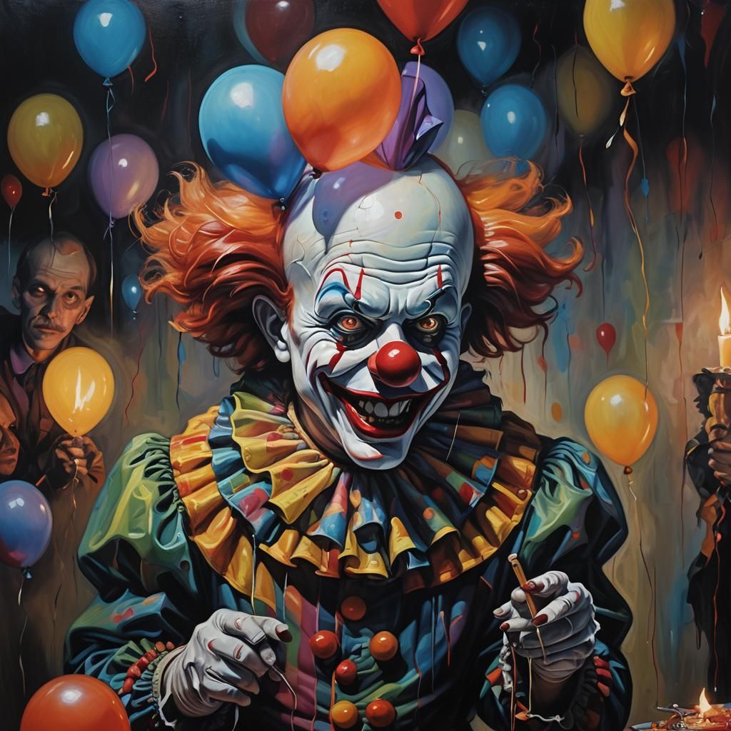 Menacing Clown at Deserted Party as Ominous Oil Painting