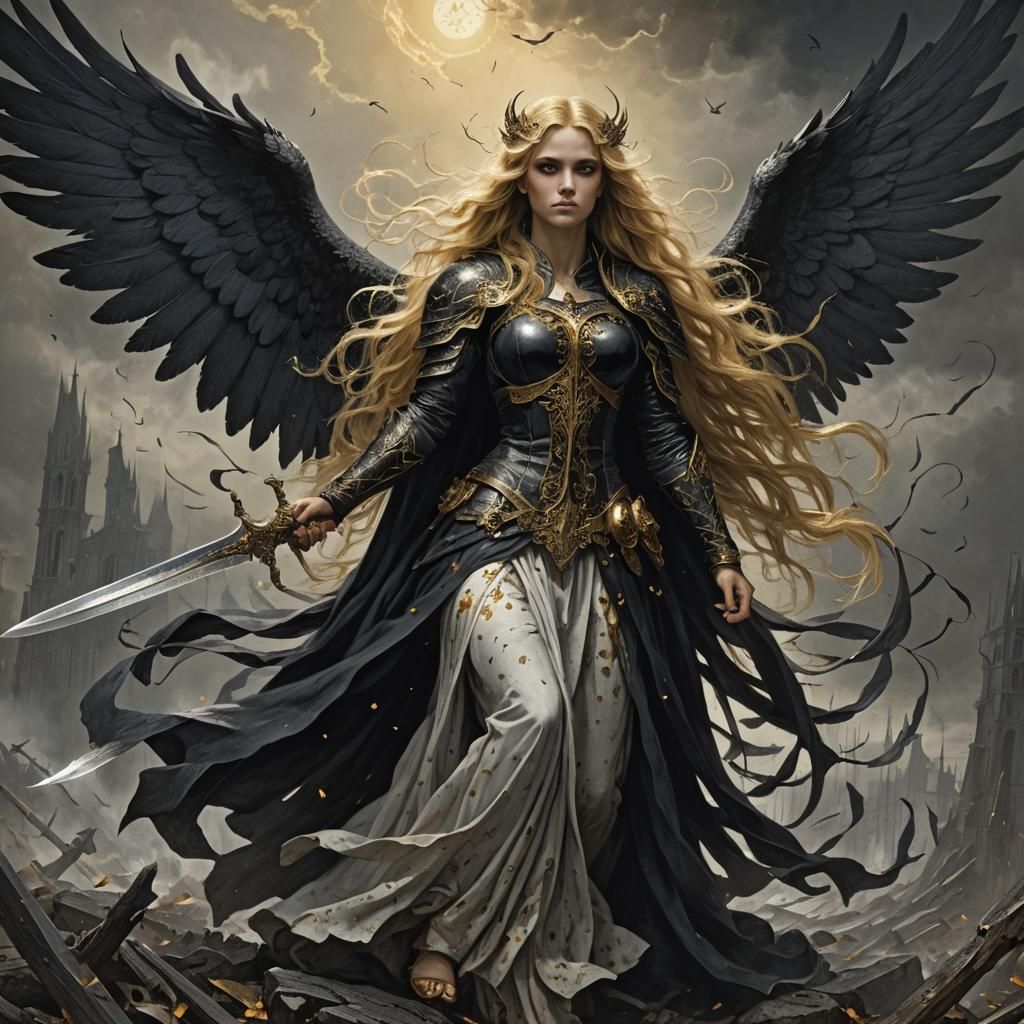 Fallen Aasimar Angel with Sword in Gothic Horror Style